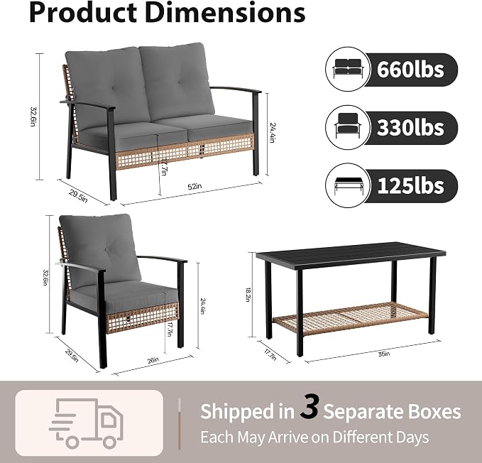 Deersky 4 Piece Outerdoor Patio Furniture Set, All-Weather Modern PE Wicker Rattan Conversation Set with 4" Cushions for Comfortable, Easy to Assemble, Dark Grey