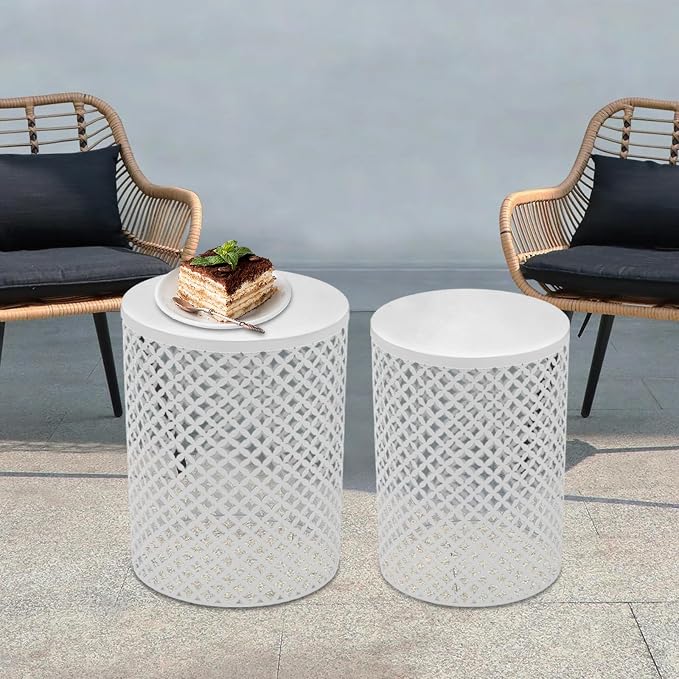Set of 2 Outdoor Side Table, Garden Stool for Patio, Metal Accent Table Modern End Table, Patio Side Table for Garden, Balcony, Bedroom Indoor Outdoor Decorative, Cream White