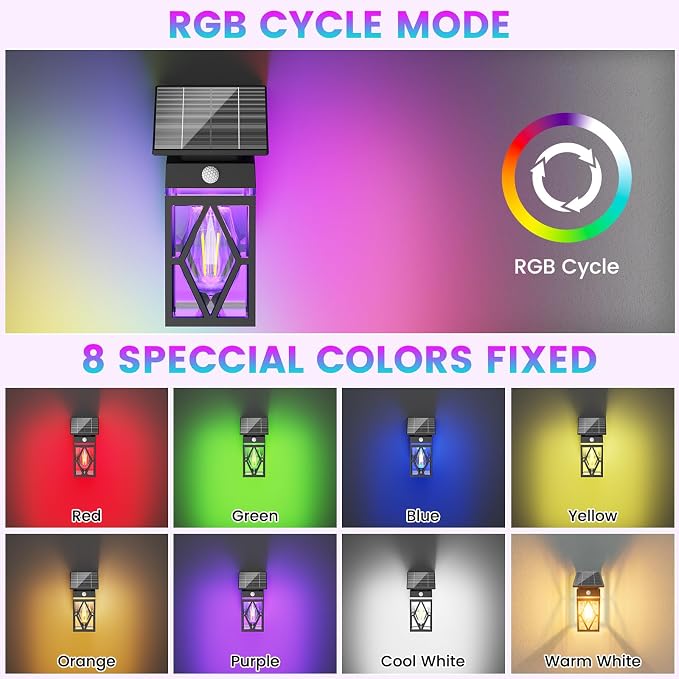 2 Pack Solar Porch Lights Outdoor with Dusk-to-Dawn Motion Sensor | 200LM RGB Lighting, E26 Bulb, 10 Color Modes (RGB Cycle / Fixed), IP65 Waterproof for Front Porch, Garage, Patio, Decorative