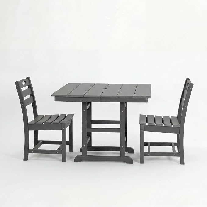 WILLIAMSPACE 37.8" Outdoor Patio Dining Set with 2 Armless Chairs, All Weather HDPE Square Dining Table with Umbrella Hole, Patio 3-Piece Bistro Set for Backyard, Balcony, Lawn, Kitchen (Grey)