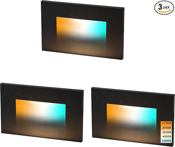 CLOUDY BAY 120V 5CCT Dimmable LED Indoor Outdoor Step Light,2700K/3000K/3500K/4000K/5000K,Stair Light,Black,Pack of 3