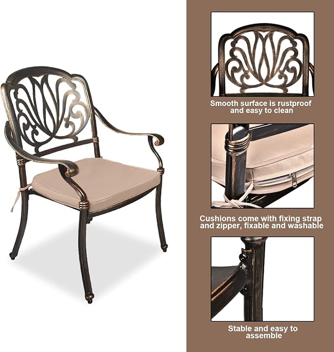 TITIMO 5-Piece Outdoor Patio Dining Set, Cast Aluminum Patio Furniture Set, 4 Chairs with Khaki Cushions and 35.4" Square Table, Cast Aluminum Conversation Set for Yard, Garden, Porch, Poolside