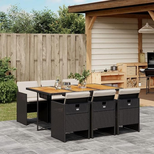 7 Piece Patio Dining Set with Cushions Black Poly Rattan Outdoor Garden Furniture Table and 6 Chairs for Backyard Deck Poolside Dining Folding Space Saving Comfortable Seating Acacia Wood Top