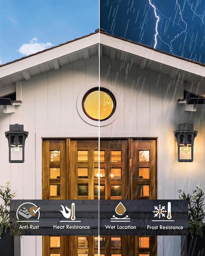 Outdoor Light Fixture, HWH Large Outdoor Wall Lantern, 1-Light Exterior Wall Mount Light with Seeded Glass, Matte Black Finish, 15" Height, HX1B BK (Large)