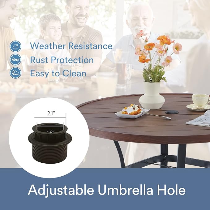 VICLLAX 40.6" Round Patio Table, Outdoor Dining Table for 4 with Umbrella Hole for Garden Lawn Deck Backyard, Walnut