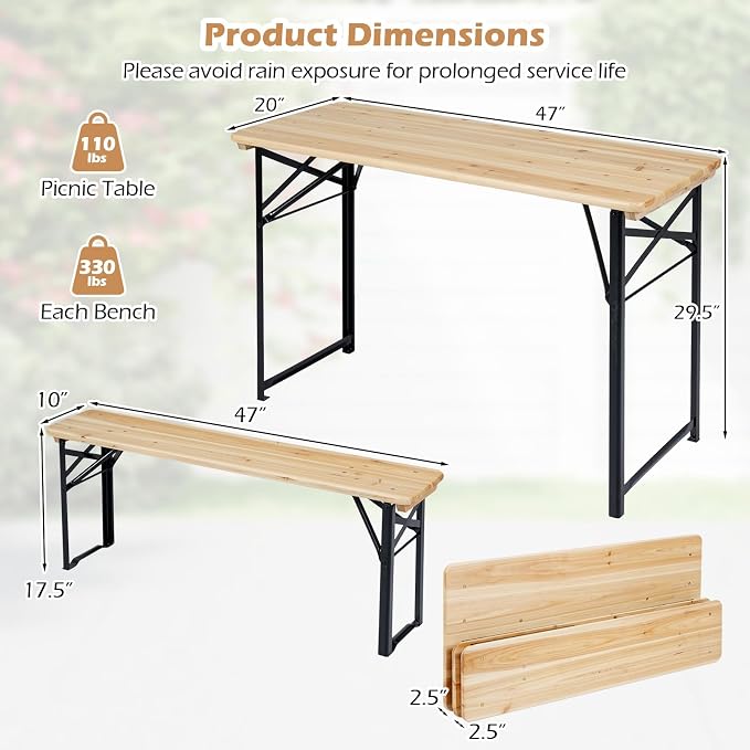 Byroce Folding Picnic Table Set with Benches, 47” Fir Wood Beer Table Set, Outdoor Dining Table with Heavy-Duty Metal Frame, Foldable Picnic Table for Patio, Garden, Backyard, BBQ & Parties (47")