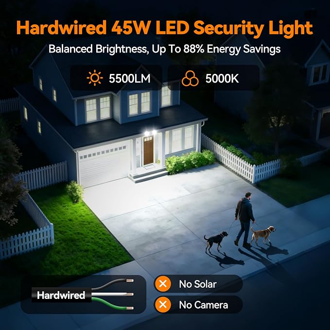 45W 5500LM Outdoor Flood Lights, Dual Head Wall Switch Controlled LED Exterior Flood Light, 5000K Daylight, IP65 Waterproof Hardwired Security Light for Outside Garage Yard (White)