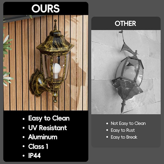 EMART Outdoor Front Porch Light with Bulb, Wall Lamp Fixture(2 Pack, Gold) | Exterior Anti-Corrosion, Waterproof Aluminum & Glass Shades, Modern Sconce Lantern for Outside, House, Garage
