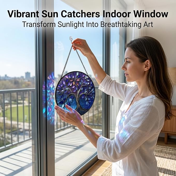 Birthday Gifts for Women - Blue Tree of Life Faux Stained Glass Window Hanging Sun Catcher for Door Garden Acrylic Decor Mother's Day Christmas for Mom Nana Grandma Sisters Wife 11.8"