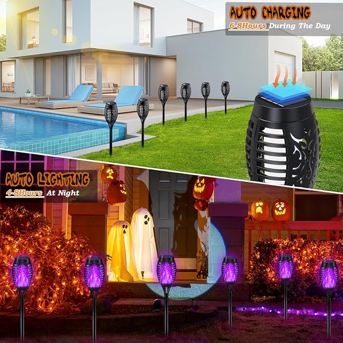 10Pack Purple Halloween Solar Lights for Outdoor Halloween Decorations | Scary Halloween Lights Outdoor with Flickering Flame, Waterproof Solar Halloween Lights, Halloween Outside Decor for Yard