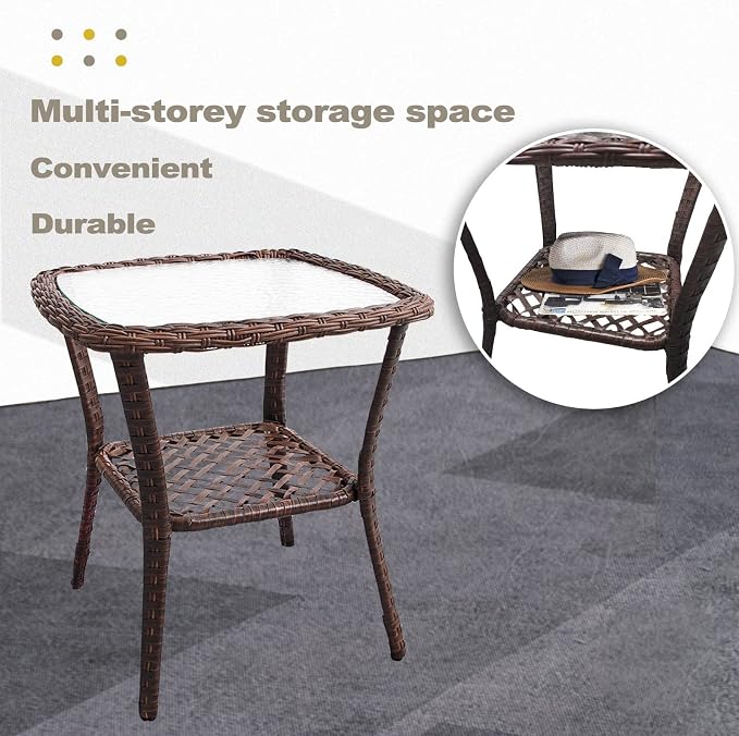 DIMAR GARDEN Outdoor Side Table Wicker Patio Coffee Table with Glass Top and Storage Shelf,Mixed Brown