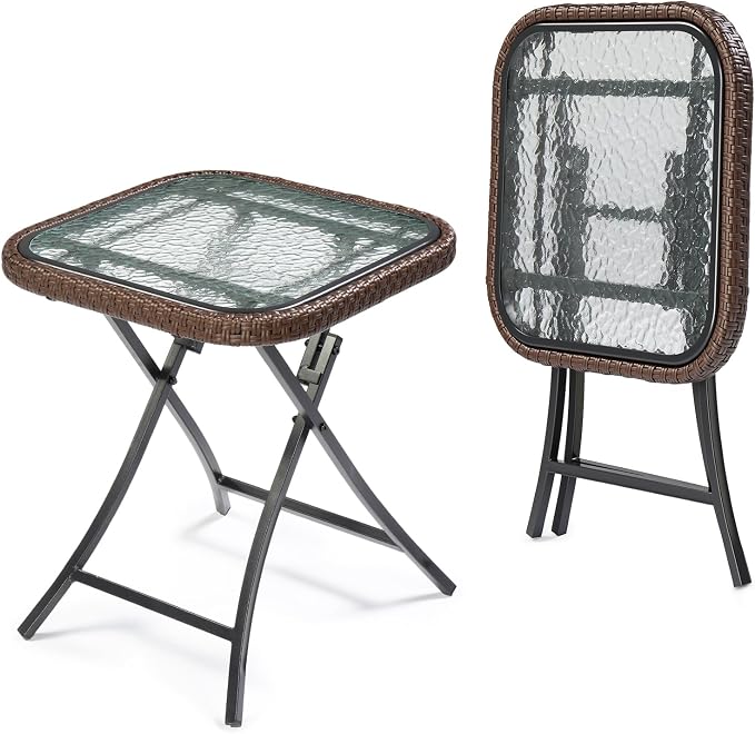 VINGLI 18in Modern Brown Rattan Folding Glass Outdoor Side Table, Small Patio Table with Tempered Glass Top,Rectangular,1 Pack