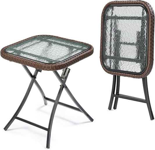 VINGLI 18in Modern Brown Rattan Folding Glass Outdoor Side Table, Small Patio Table with Tempered Glass Top,Rectangular,1 Pack