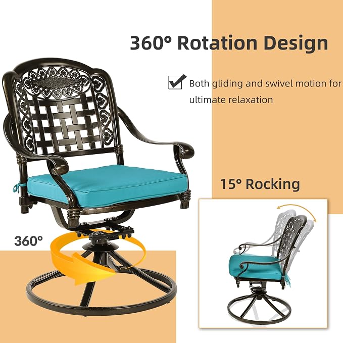5 Piece Patio Dining Set, Outdoor Table and Chairs Set for 4 Cushioned Swivel Rocking Chairs and 35.4'' Round Table, All-Weather Cast Aluminum Patio Funiture Set, 2'' Umbrella Hole, Blue