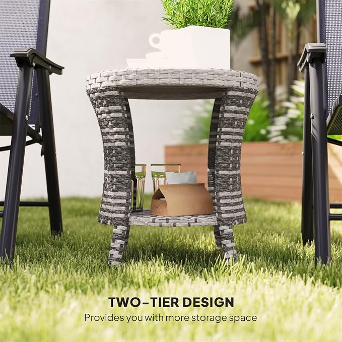 Outdoor Wicker Side Table Hourglass Shape Rattan Patio Table with Storage Shelf, All-Weather for Outside Patio, Porch, Garden, Grey