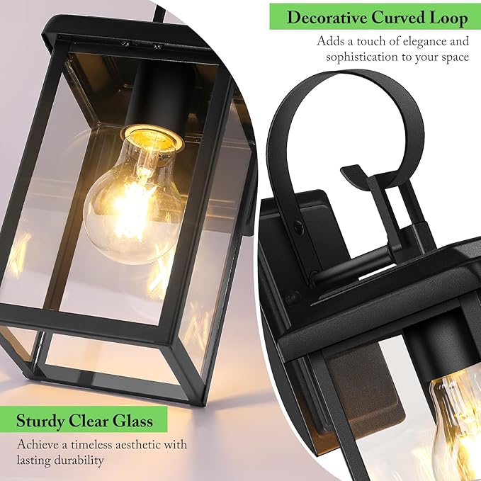 BesLowe 2-Pack Outdoor Wall Light Fixtures, Modern Porch Sconces, Black | Waterproof, Rust-Resistant, Durable Metal with Clear Glass, Standard E26 Socket, Easy to Install