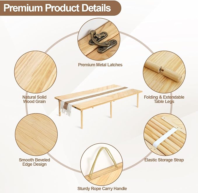 Low Picnic Table 60x30, Portable Folding Floor Table | Adjustable height wood table with boho runner, mortise-tenon joints, folds flat for beach picnics, camping, parties