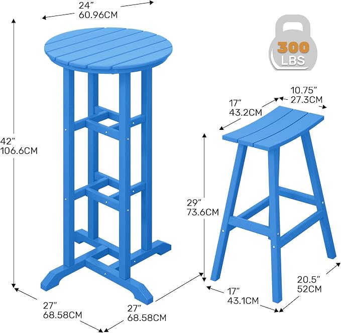 Costaelm Outdoor Bar Table, 42" Counter Height Round Patio Cocktail Bar Table, Patio Bar Table 3-Pieces Set Bistro Dining Table Pub Table for Deck, Backyard, Garden, Pacific Blue