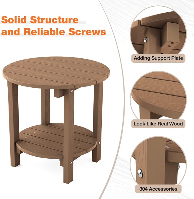 YEFU Adirondack Side Table Set of 2, 18" Double Outdoor Side Table, Poly Lumber end Table, Weather Resistant for Indoor, Patio, Pool, Porch, Backyard-Teak