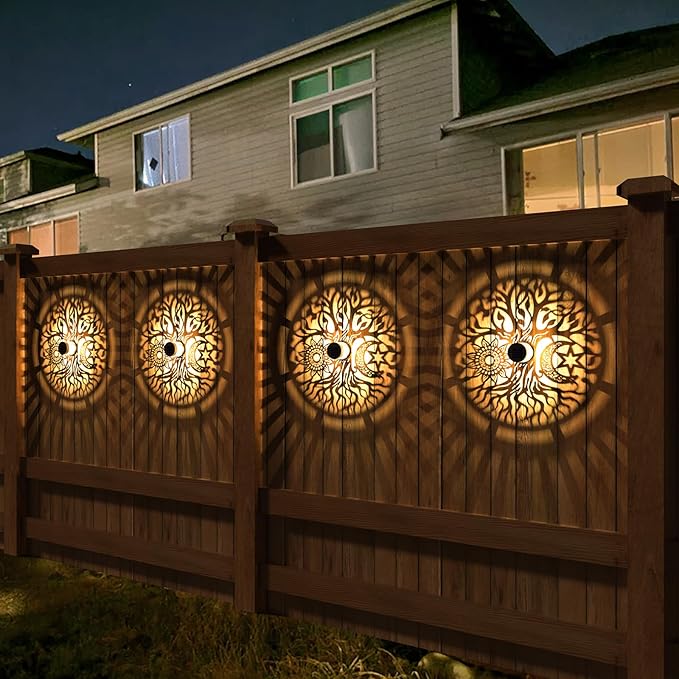 gardencave 2 Pack Solar Fence Lights Metal Solar Powered Outdoor Wall Deck Step Lights Tree Theme Waterproof Fence Light for Garden Post Patio Backyard Yard Decor (Tree, 2 Pack)