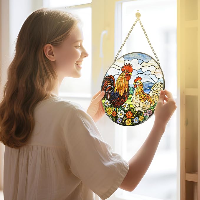 Stained Glass Window Hanging, Stained Glass Suncatcher, 8" Chickens in Flowers Garden Suncatchers for Windows Hanging, Sun Catchers Indoor Window | Gifts for Farm Lovers, Gifts for Chicken Lovers