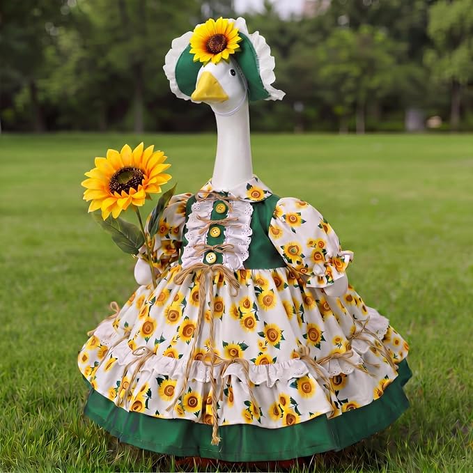 Soulchen 1 Set Sunflower Porch Goose Outfit 23 Inch Summer Cement Goose Clothes Dress and Hat Costume Set for Summer Fall Outdoor Holiday Garden Yard Decor