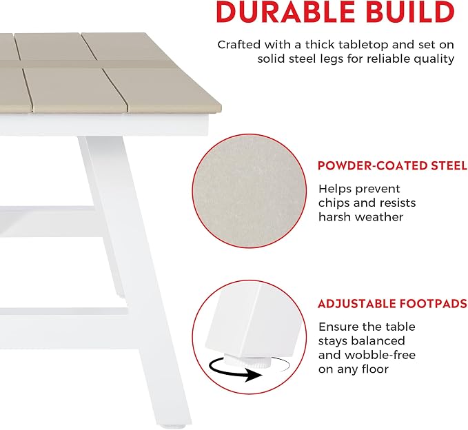 Costaelm Outdoor Dining Tables for Patio, 72" Rectangle 6-Person HDPE Dining Table with Umbrella Hole and Metal Frame for Outside, Garden, Poolside, Backyard, Porch, Balcony, Sand