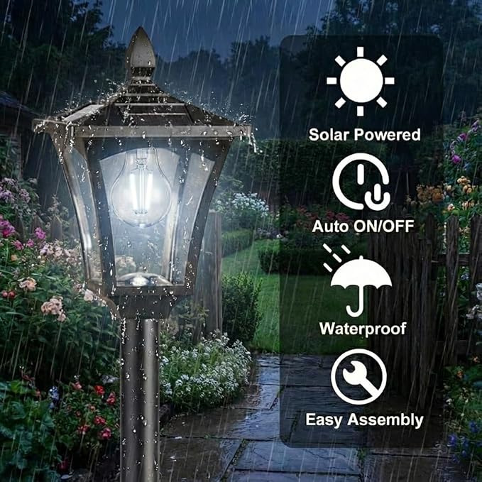 Benany 76" Solar Lamp Post Lights with Planter, Glass & Metal Street Light Outdoor Waterproof, 60 Lumens Dusk to Dawn Solar Pole Light for Garden, Yard, Driveway, Porch, Patio, Cool White