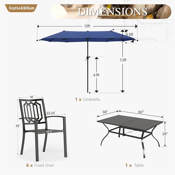 Sophia & William Patio Dining Set for 6 with 13ft Double-Sided Umbrella | 8 Piece Metal Outdoor Table Furniture Set, 6 Outdoor Chairs, 1 Rectangle Dining Table and 1 Large Navy Blue Umbrella