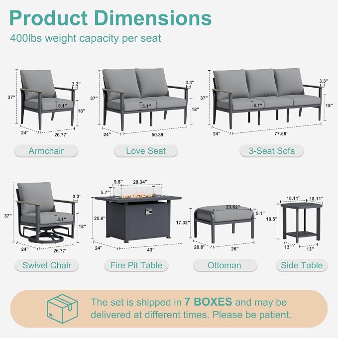 Aluminum Outdoor Patio Furniture Set with Swivel Rocking Chairs 11-Seat, Patio Sectional Sofa with Ottomans Patio Conversation Set with 55,000 BTU Fire Pit Table & High Backrest, Grey
