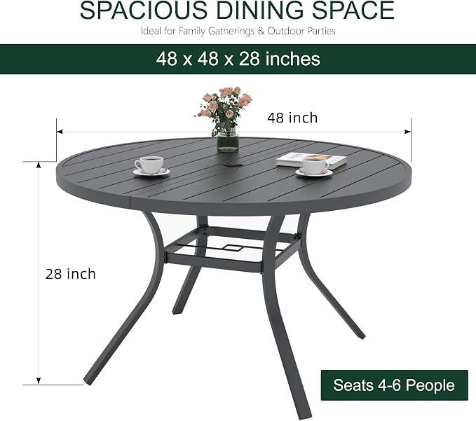 Anmutig Round Outdoor Dining Table, 48 Inch All-Weather Patio Table with Adjustable Umbrella Hole for Deck Lawn Garden Backyard Balcony Deck, Black Metal Frame Slatted Tabletop