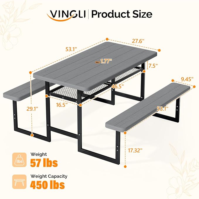 VINGLI Outdoor Picnic Table with Storage Shelf & Umbrella Hole, 4.5FT All Weather Metal Frame HDPE Tabletop Plastic Picnic Table for Dining Party Garden(Grey)