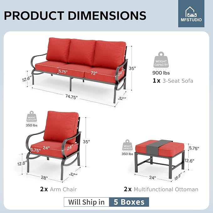 MFSTUDIO 5 Pieces Patio Conversation Sets, 7 Seats Metal Patio Furniture Sets with 1 x 3-Seat Sofa, 2 x Sofa Chairs, 2 x Ottoman, All Weather Steel Patio Sets with 5.75inch Red Cushion for Garden