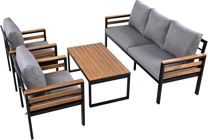 4-Piece Outdoor Furniture Sofa Set for 5 People with Acacia Wood Armrests, Patio Conversation Set with Removable Cushion and Solid Wood Coffee Table for Garden (Grey#46)