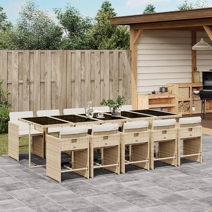 11 Piece Patio Dining Set with Cushions Beige Poly Rattan Outdoor Furniture Table and 10 Chairs with Folding Backrest Tempered Glass Top for Garden Backyard Relaxation Cream White Cushions