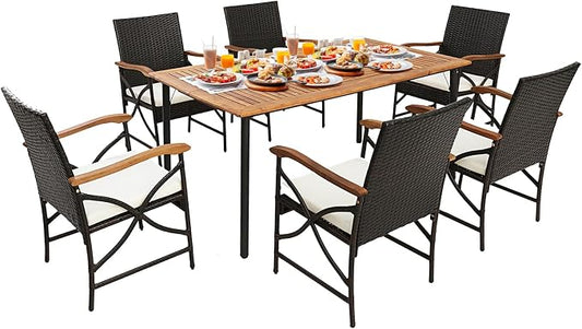 Tangkula 7-Piece Outdoor Dining Set with Acacia Wood Table & 6 Wicker Rattan Armrest Chairs, Detachable Cushions, Umbrella Hole, All-Weather Patio Conversation Furniture Set for Garden Deck (7 PCS)