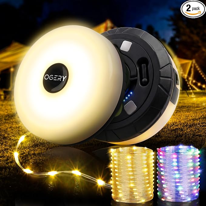 2-Pack Camping String Lights 4 in 1, 32.8FT Quick Storage 8 Modes | Protable Rechargeable Fairy Tent Lights String , Waterproof Portable LED Lamp for Outdoor Indoor Patio Decor Essentials