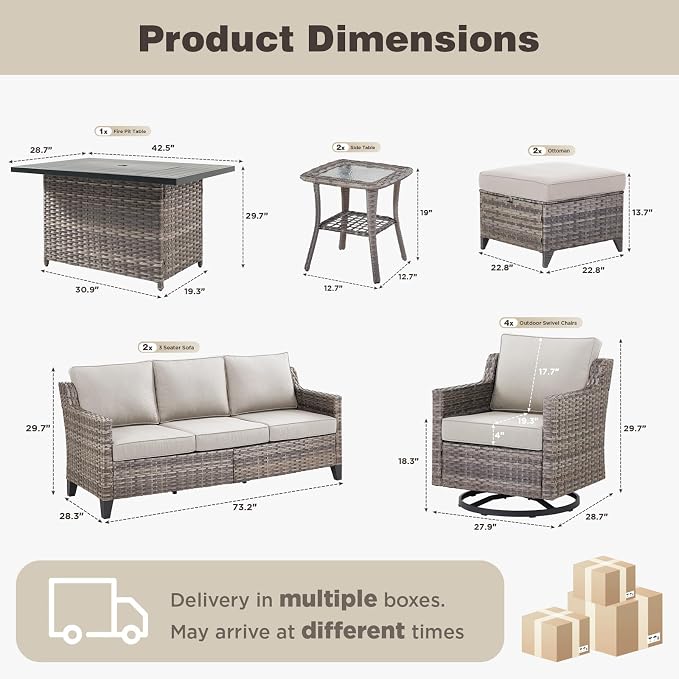 Belord Patio Wicker Swivel Rocker Patio Chairs with 3-Seater Sofa and 42.5" Fire Pit Table, Outdoor Furniture Set for Deck Porch Poolside, 11 Piece Patio Conversation Furniture Set,Beige