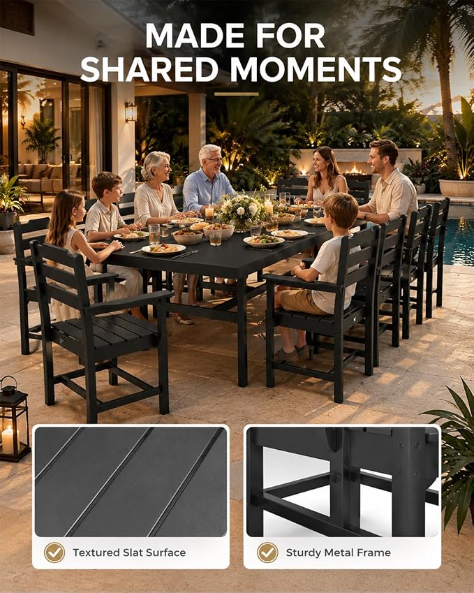 WACASA 12-Piece HDPE Outdoor Dining Set for 10, All-Weather Poly Lumber Patio Table and Chairs with Umbrella Hole, Steel-Reinforced Heavy-Duty Furniture, Black
