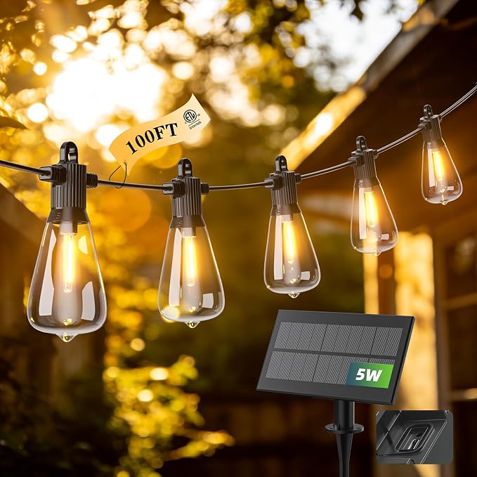 100FT Solar String Lights Outdoor Waterproof IP65 with USB-Charging , Solar Powered LED Patio Lights with 50+2 Shatterproof ST38 Edison Bulbs, Hanging Lights for Outside Backyard Garden Bistro Gazebo