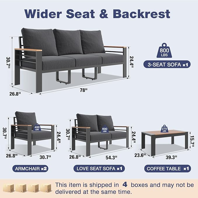 Aoxun Aluminum Patio Furniture Set with Umbrella 7 Seats, Oversized Outdoor Sectional with Washable Thick Cushions, Coffee Table, Patio Conversation Sets for Porch, Balcony, Deck