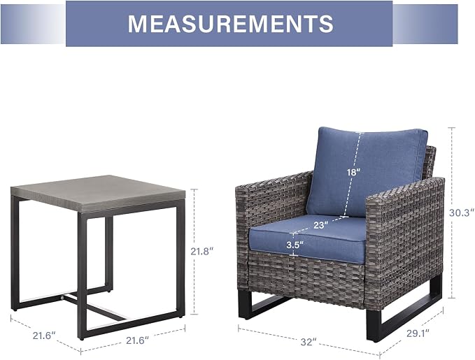 Luxury Wicker Outdoor Patio Chairs Set - 3 Piece Rattan Patio Furniture Bistro Chairs Set with Waterproof Wicker,Comfortable Cushions and Sturdy Metal Frame for Porch Deck Backyard(Mixed Grey/Blue)