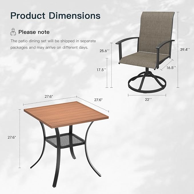 VICLLAX 3 Pieces Patio Outdoor Dining Set, 2 Swivel Textilene Chairs and 27.6" Square Metal Table with Storage for Porch, Deck, Garden, Walnut/Brown
