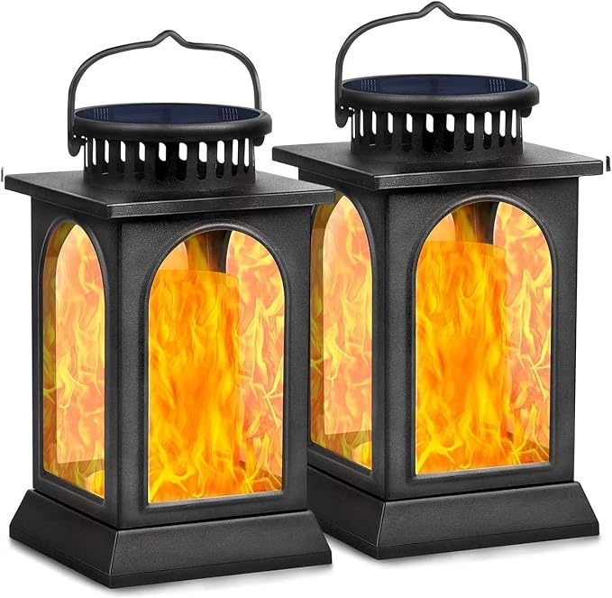 TomCare Flickering Flame Solar Lights Outdoor Metal Hanging Lantern, 2 Pack | Realistic Flame Effect, Charges in 6-8 Hours, 10-12-Hour Runtime, IP65 Waterproof, Auto On/Off for Patio, Garden and Porch