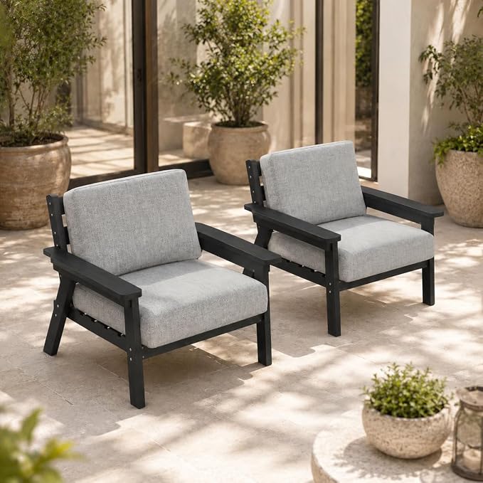 2 Piece HDPE Outdoor Furniture Set with Gray Cushions (Black Frame) | All-Weather HDPE, Modular Design, Extra-Deep Seating, Thick Cushions, Ideal for Backyard, Deck & Porch