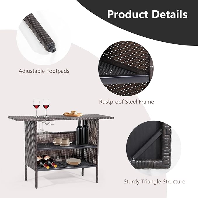 Tangkula Outdoor Wicker Bar Table, Patiojoy All Weather Patio Bar Height Table with 2 Metal Mesh Shelves & 2-Rail Steel Stemware Racks, Rattan Bar Counter Table for Backyard, Poolside (Mix Brown)
