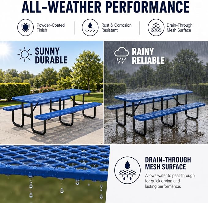 8 FT Heavy Duty Outdoor Metal Picnic Table with Umbrella Hole, Commercial Grade Steel Picnic Table with Benches, Seats 8-10 Adults, Weather Resistant for Backyard, Park, School & Campground