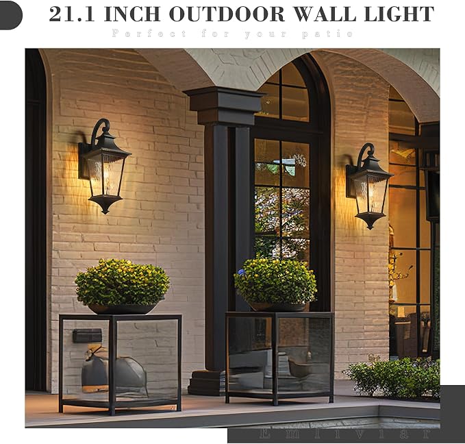 Emliviar Modern Outdoor Porch Light, 21.1 Inch Black Finish Classic Outside Wall Light with Water Ripple Glass, Outdoor Wall Mount Lighting for Entryway and Garage, XE292BM-SW BK