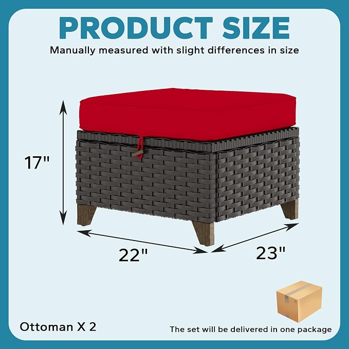 2 Pieces Patio Outdoor Ottomans with Removable and Washable Covers，PE Rattan Wicker Footstools for Porch, Garden, Sunroom (Red)