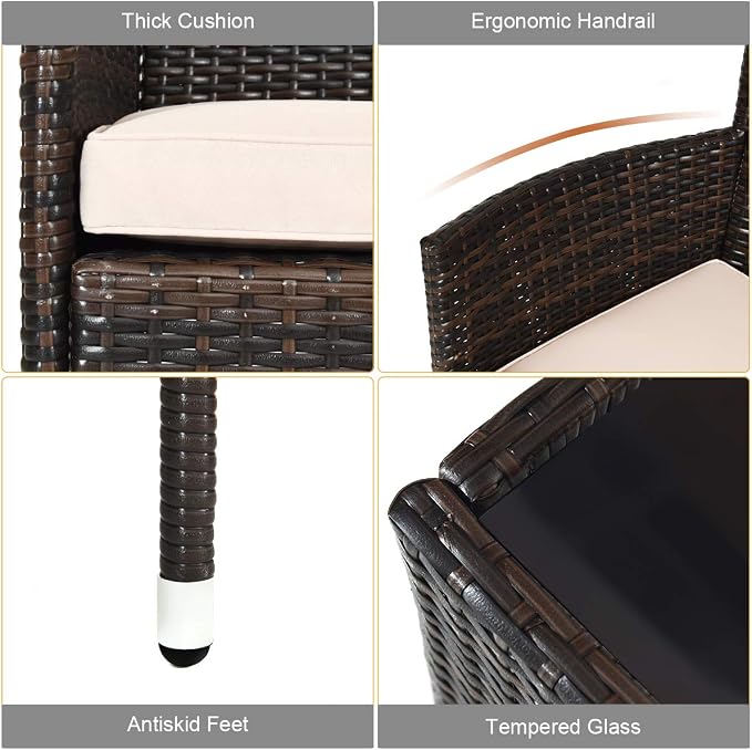 Tangkula 8 PCS Patio Rattan Conversation Set, Outdoor Wicker Furniture Set with Tempered Glass Coffee Table &Thick Cushion, Rattan Chair Wicker Set for Garden, Lawn, Poolside and Backyard (2, Brown)